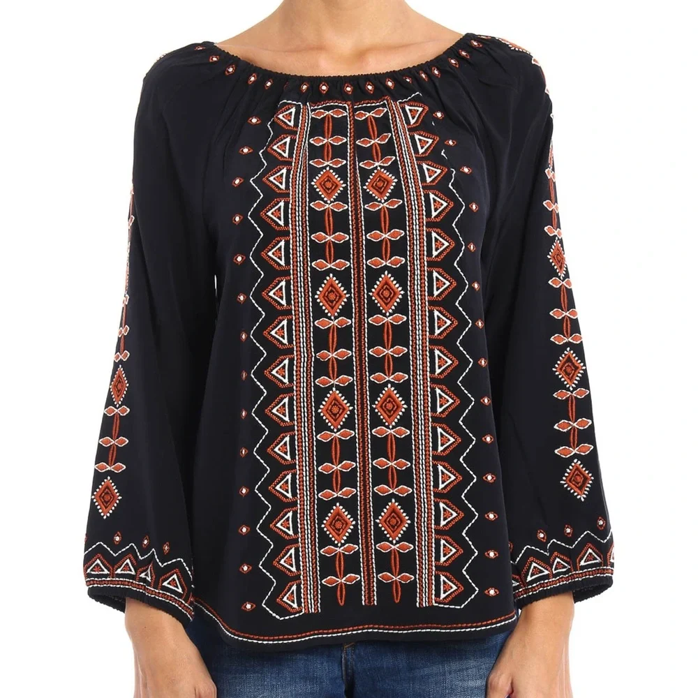 Tory Burch Jessie Black Silk Blouse with Orange Embroidery